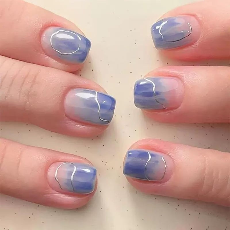 CTTHNBD Press on Nails Short - Square Fake Nails with Silver Irragular Design - Blue Ombre False Nails Press ons - for Women 24 Pcs - Image 1